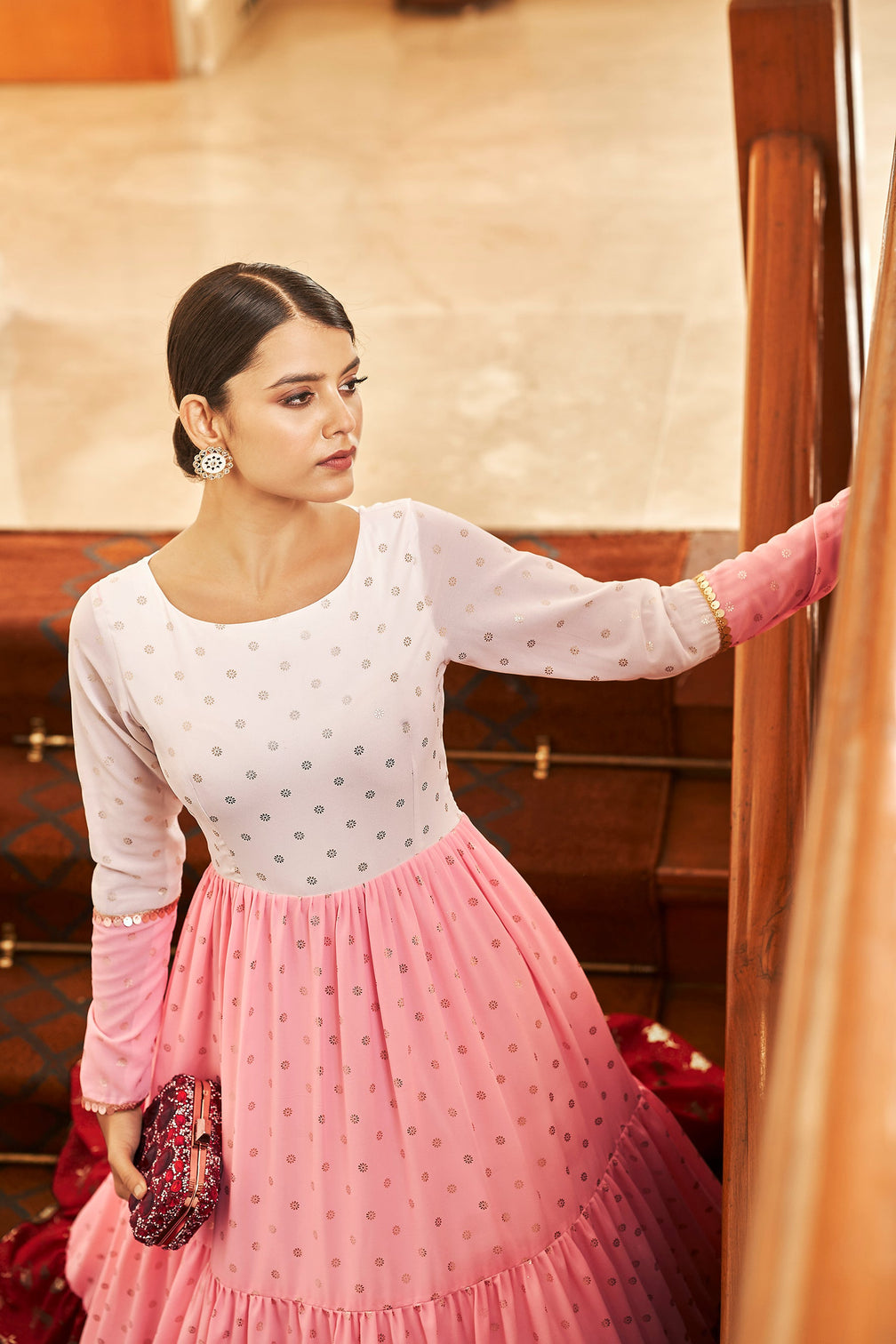 White & Pink & Maroon Metallic Foilage Print Georgette Anarkali Long Gown Semi Stitched