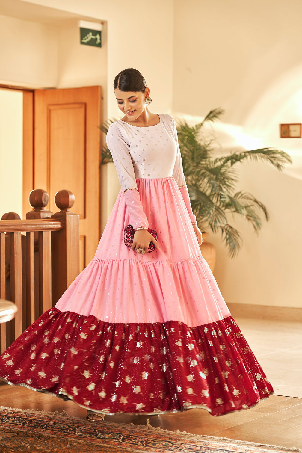 White & Pink & Maroon Metallic Foilage Print Georgette Anarkali Long Gown Semi Stitched