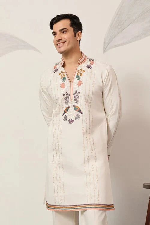 Luxury White V Neck Kurta Pant for Festive Wear