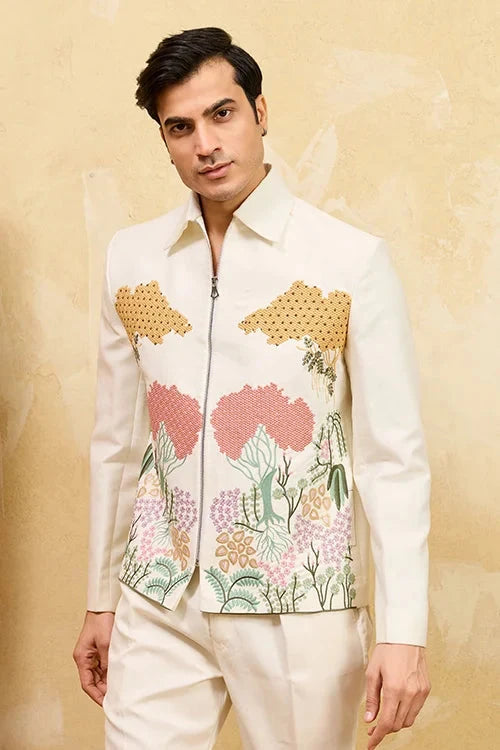 White Velvet Embroidered Bomber Jacket with Pant for Mens Wear
