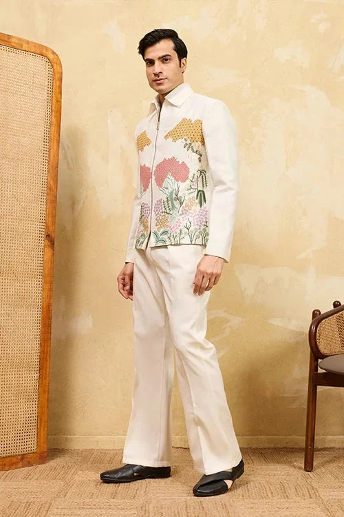 White Velvet Embroidered Bomber Jacket with Pant for Mens Wear