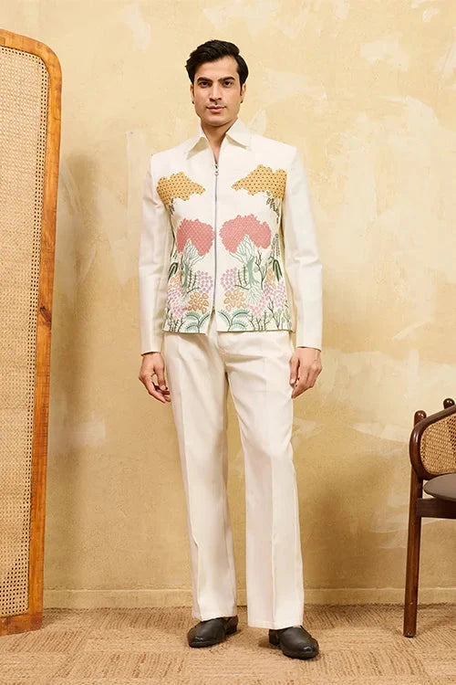 White Velvet Embroidered Bomber Jacket with Pant for Mens Wear