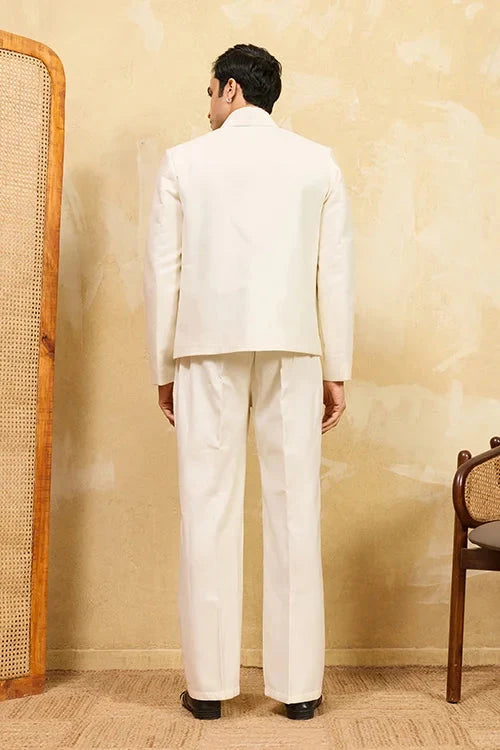 White Velvet Embroidered Bomber Jacket with Pant for Mens Wear