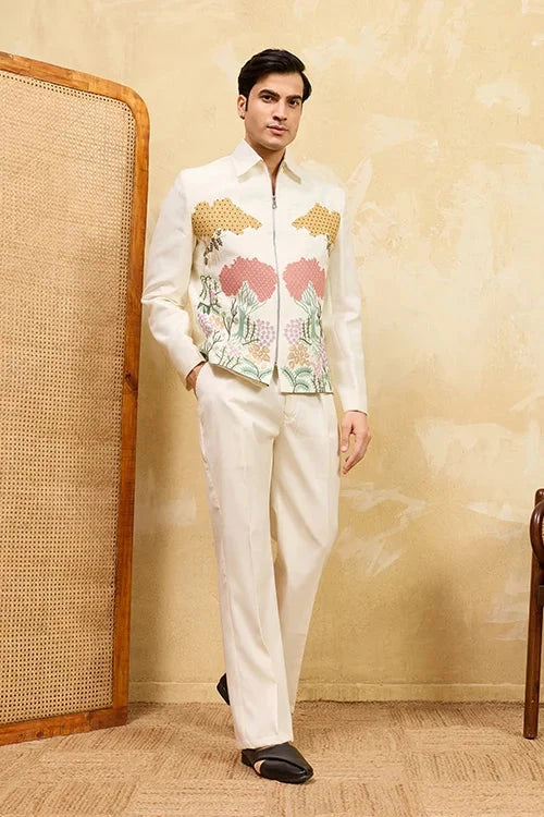 White Velvet Embroidered Bomber Jacket with Pant for Mens Wear