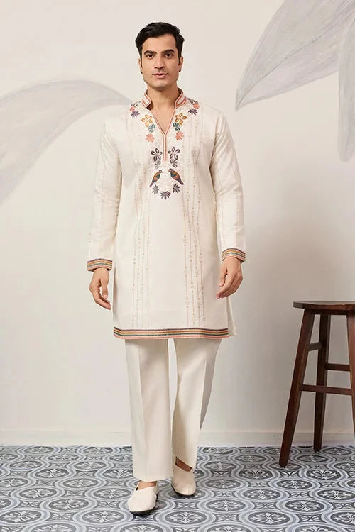 Luxury White V Neck Kurta Pant for Festive Wear