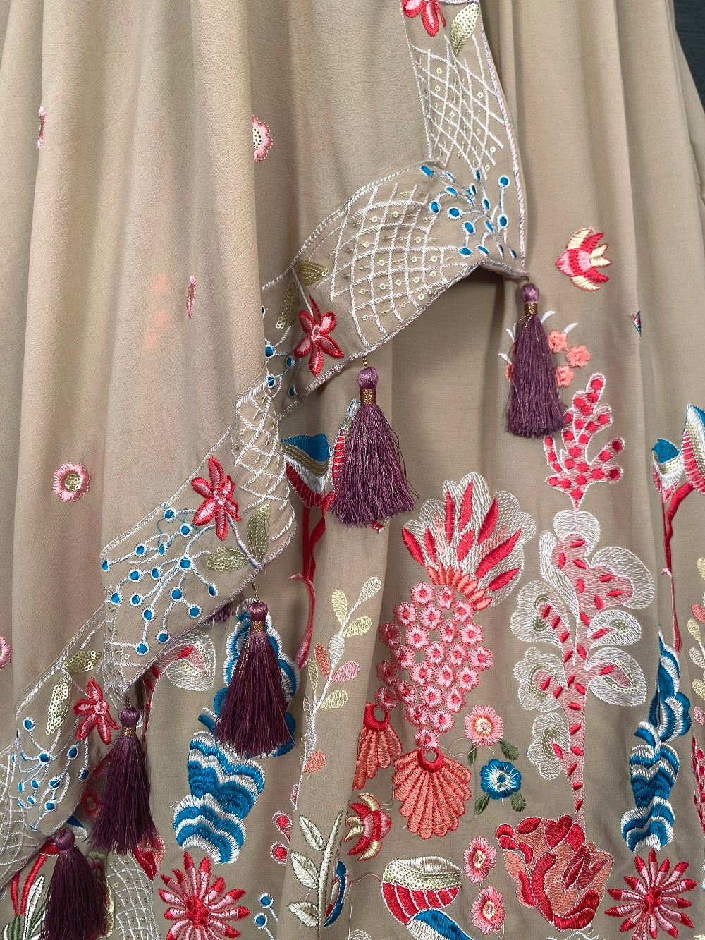 Chiku Color Thread And Sequins Embroidery Work Georgette Lehenga Choli And Dupatta With Belt