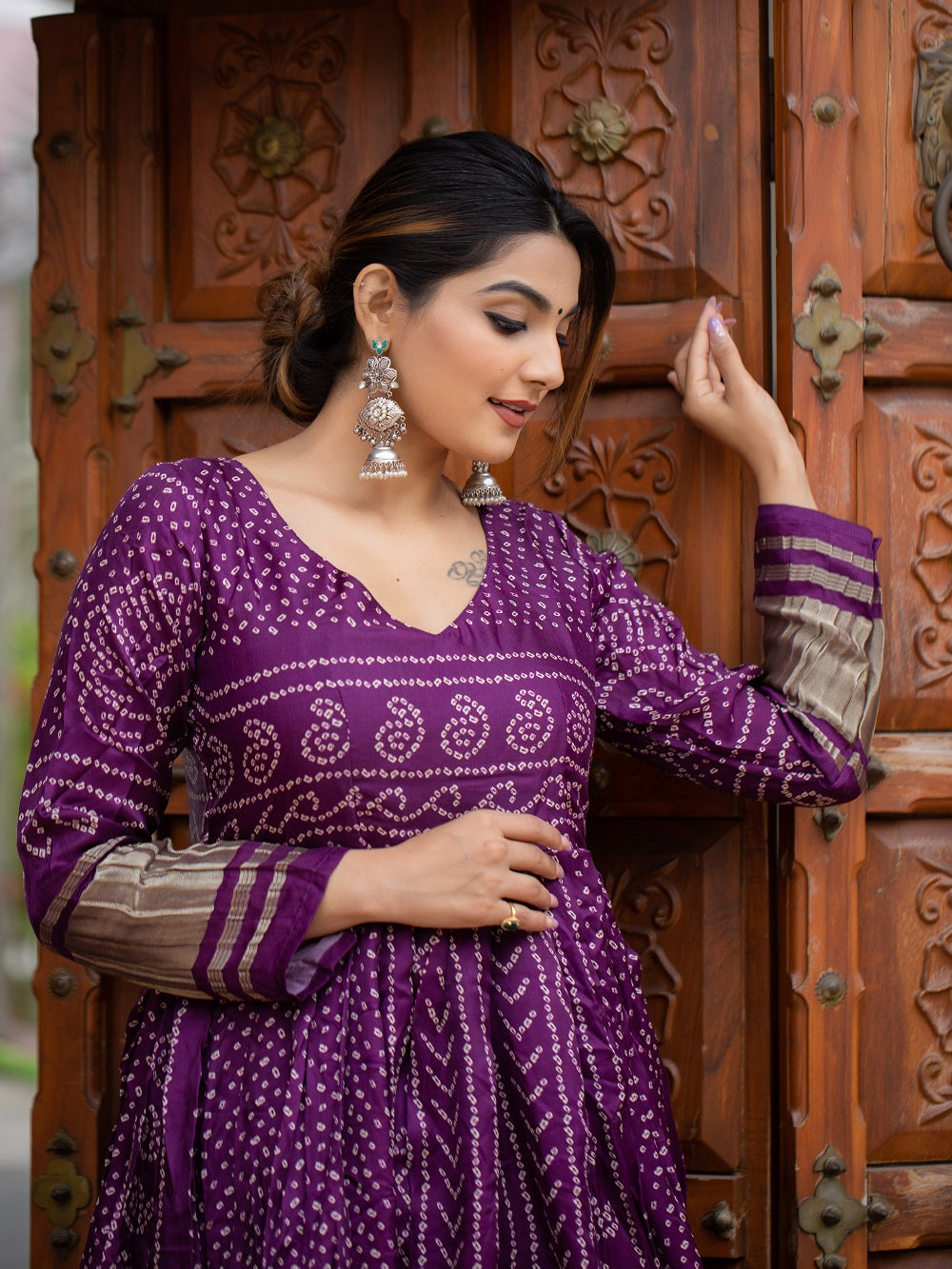 Wine color digital bandhej printed pure gaji silk beautiful dress