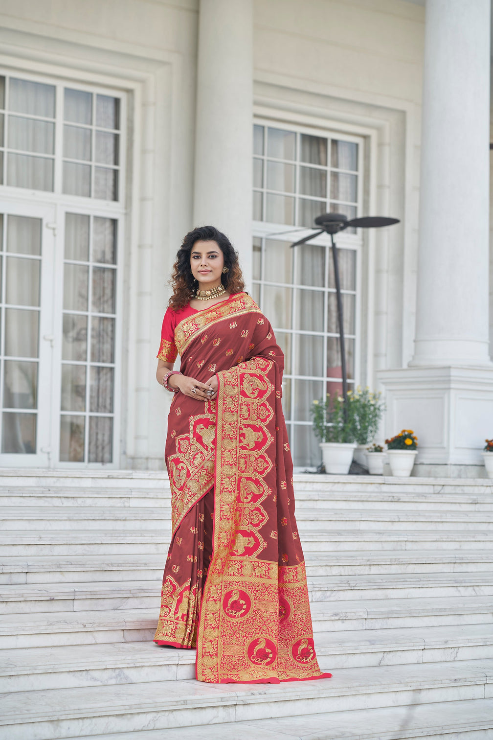 Wine Color Charming Sangeet Wear Art Silk Fabric Saree With Weaving Work