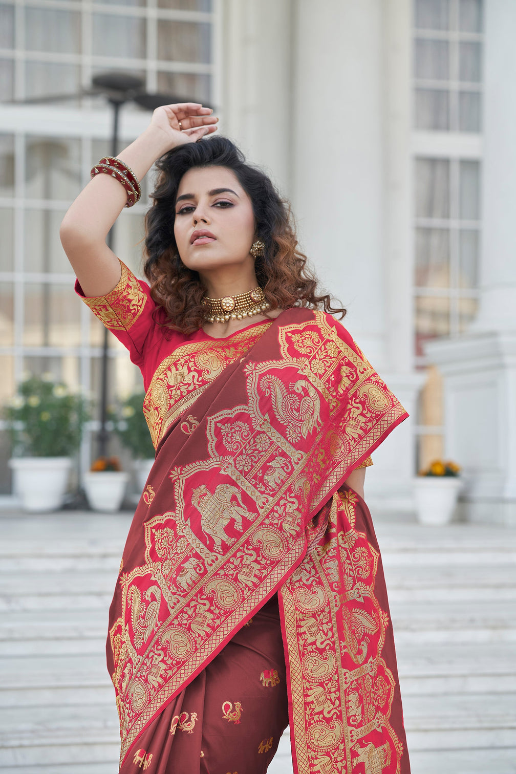 Wine Color Charming Sangeet Wear Art Silk Fabric Saree With Weaving Work