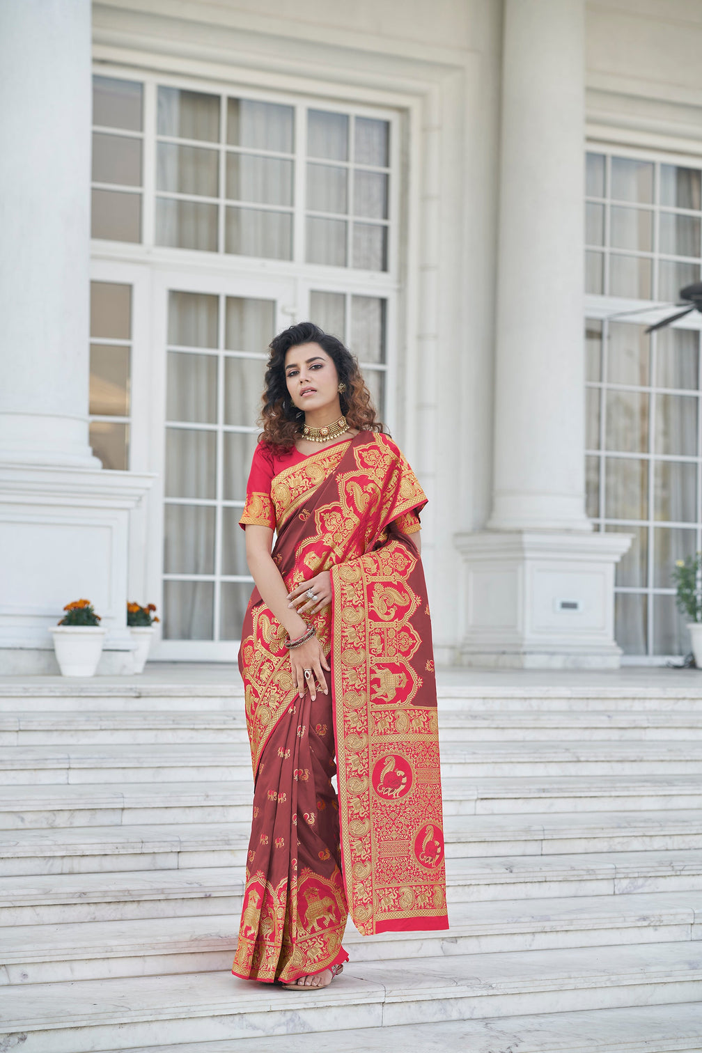 Wine Color Charming Sangeet Wear Art Silk Fabric Saree With Weaving Work