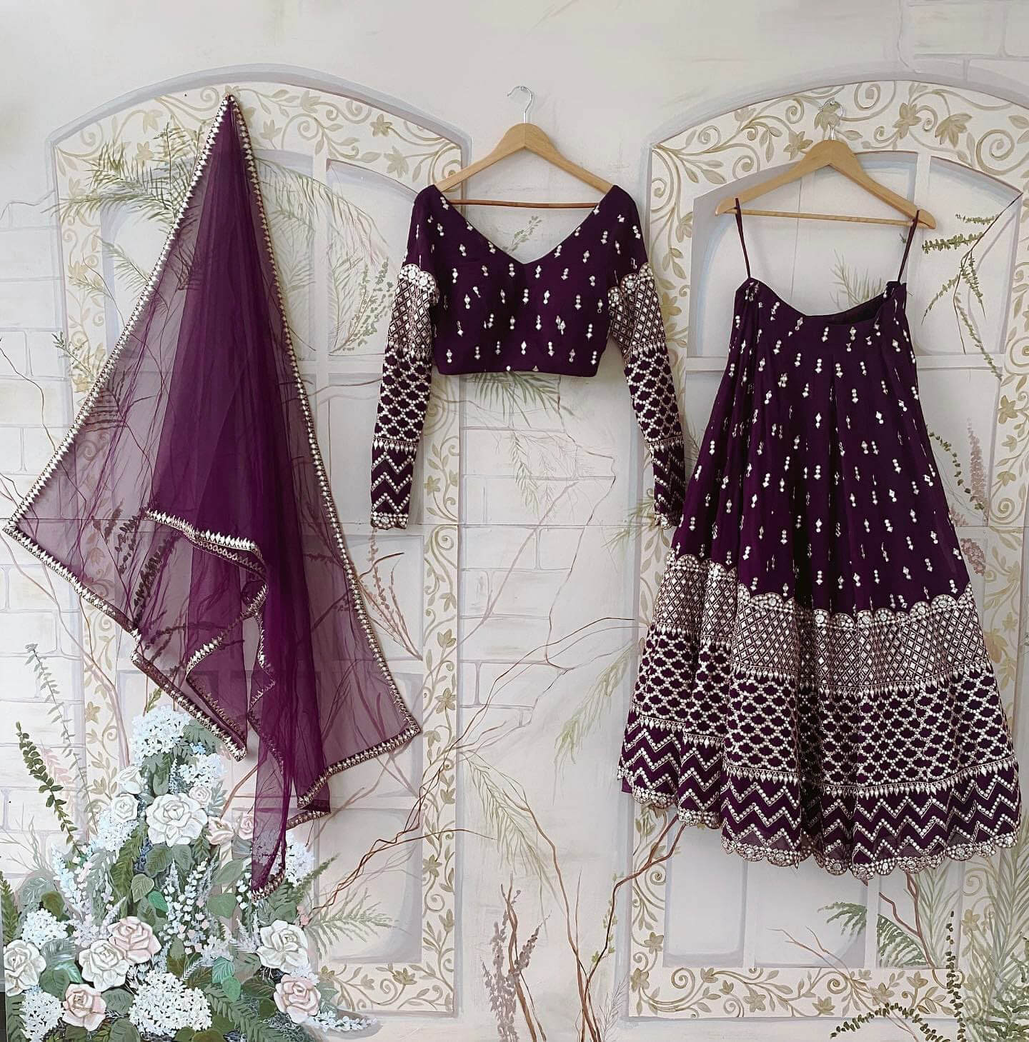 Wine Color Embroidered Attractive Party Wear Georgette Dulhan Wedding Lehenga Choli