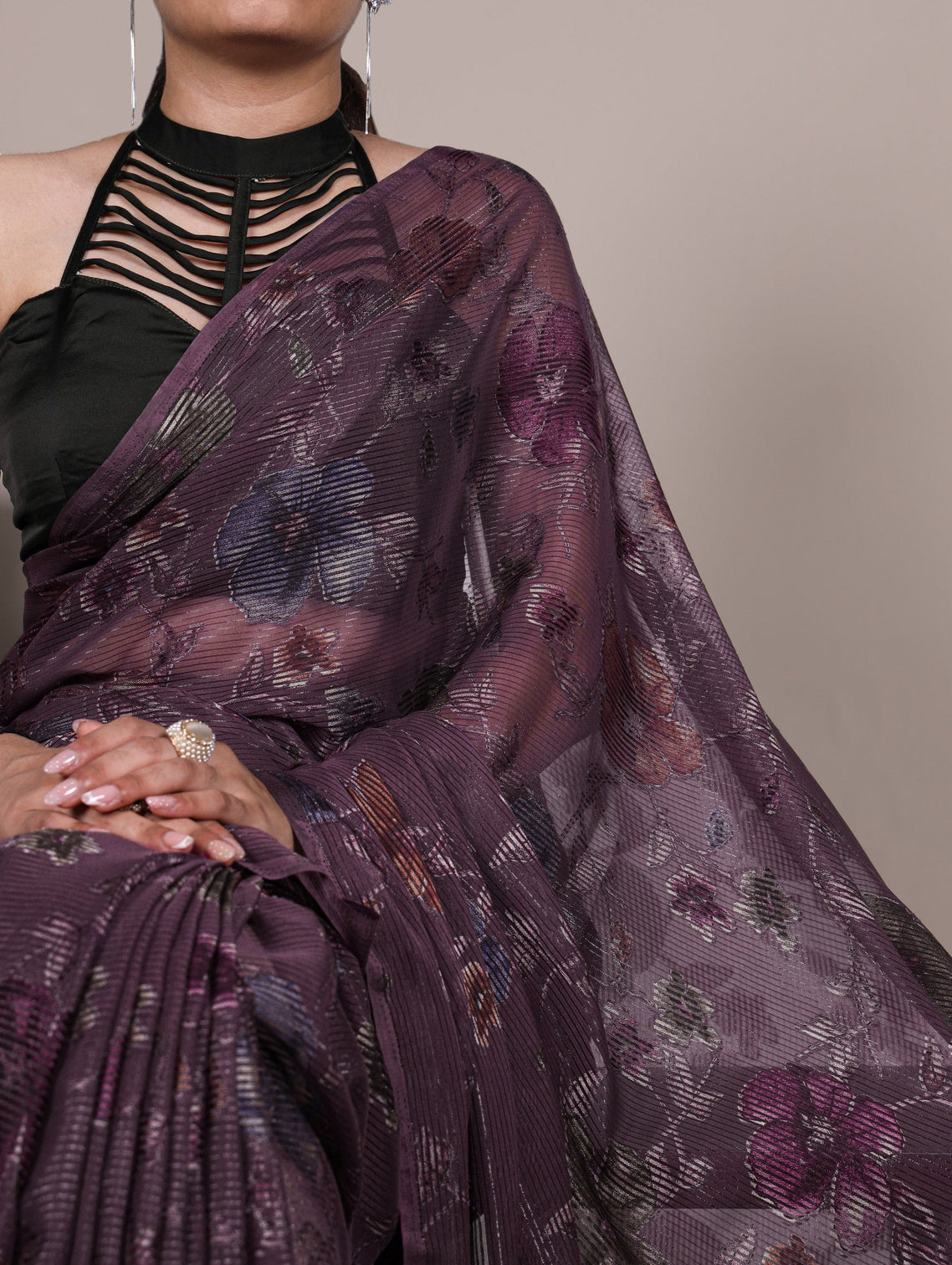Wine Elegant Lurex Brasso Saree with Floral Viscose Brasso Work & Silk Blouse Piece