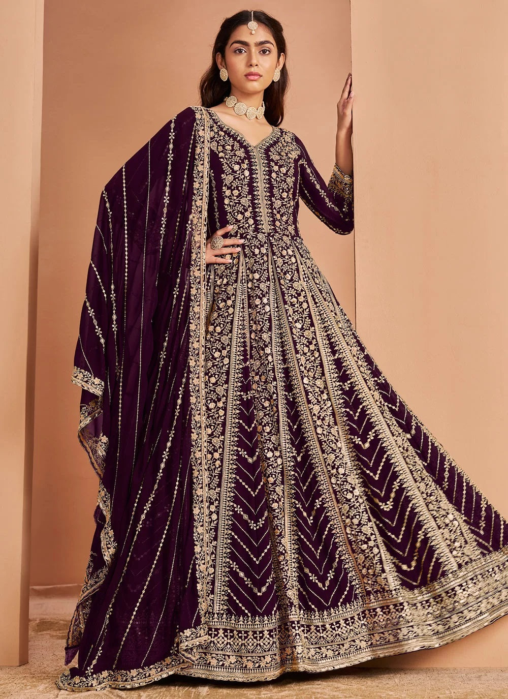 Wine faux georgette embroidered anarkali suit with dupatta