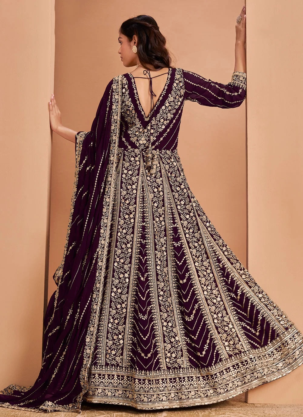 Wine faux georgette embroidered anarkali suit with dupatta