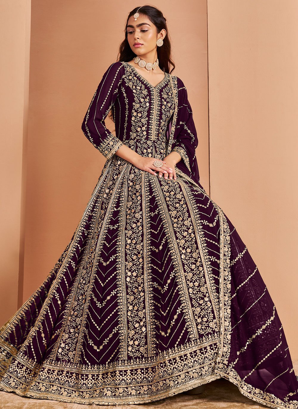 Wine faux georgette embroidered anarkali suit with dupatta