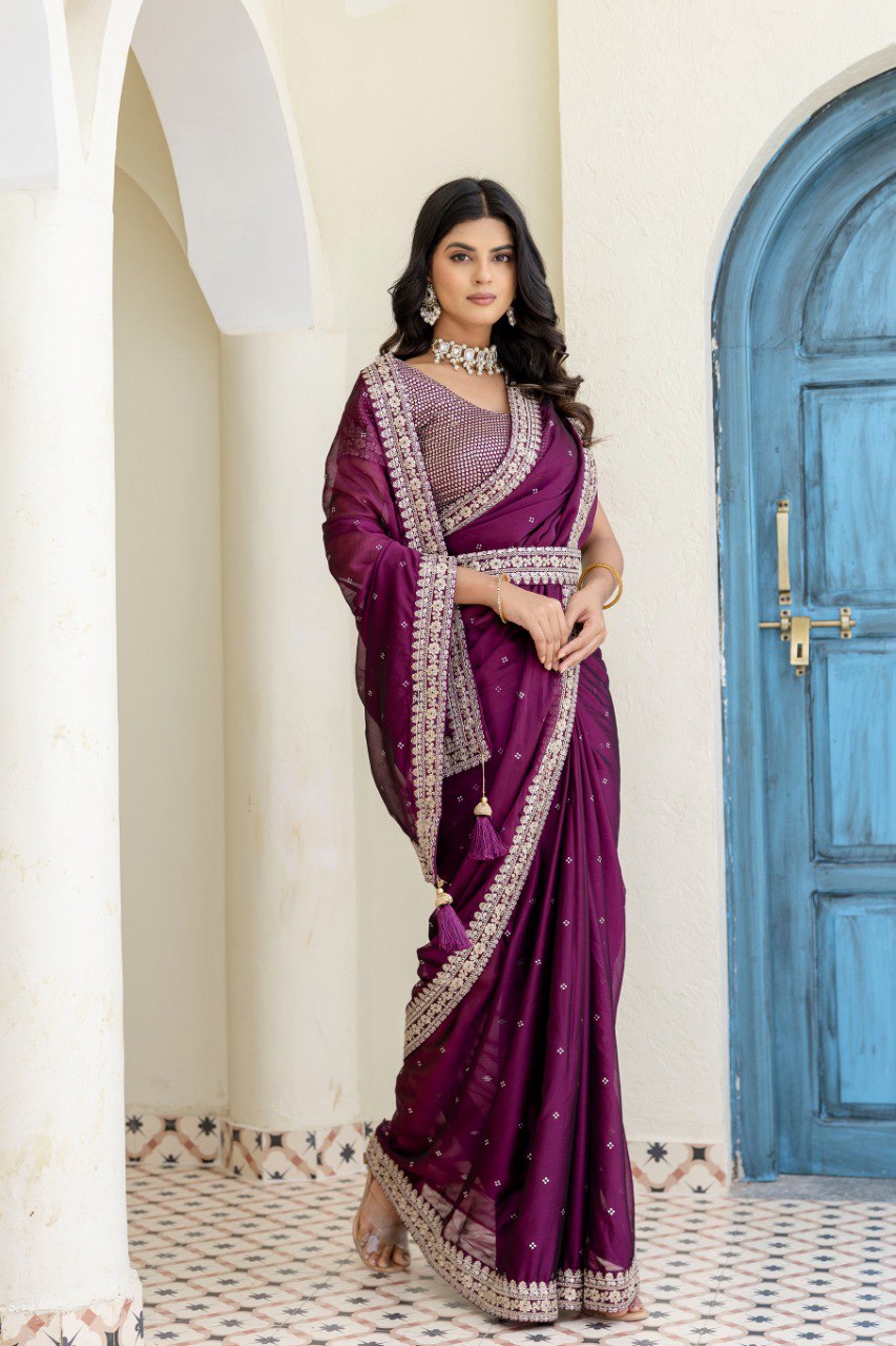 Wine Royal Kasturi Silk Saree with Zari, Dori, Foil & 4mm Sequins Work – Festive Edition