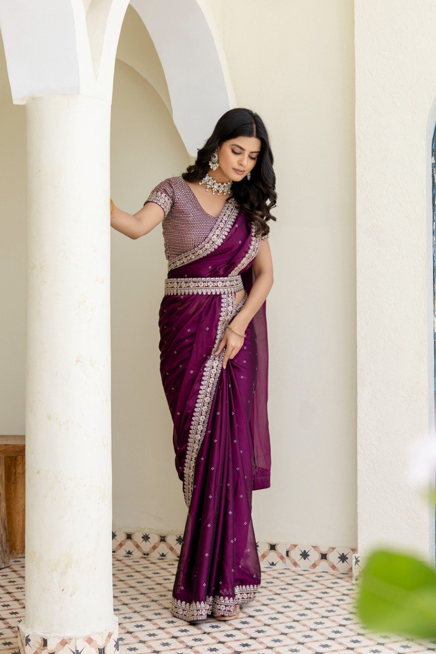 Wine Royal Kasturi Silk Saree with Zari, Dori, Foil & 4mm Sequins Work – Festive Edition