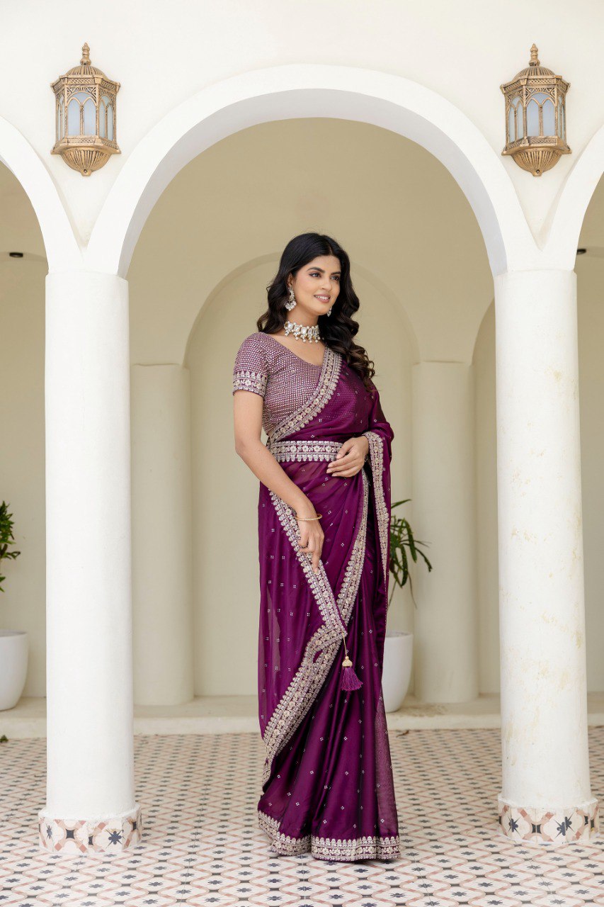 Wine Royal Kasturi Silk Saree with Zari, Dori, Foil & 4mm Sequins Work – Festive Edition