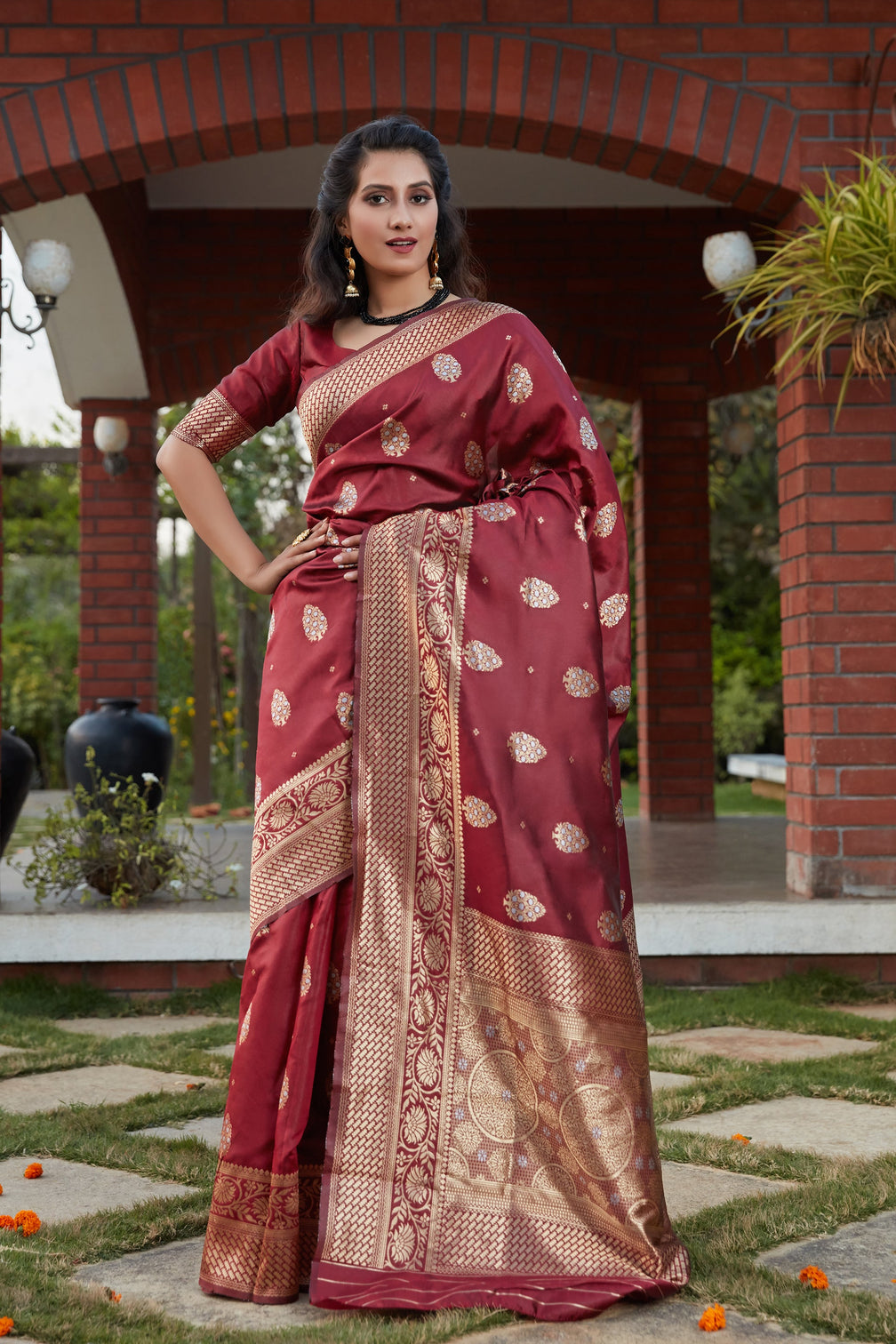 Wine Weaving Banarasi Silk Festival Wear Saree