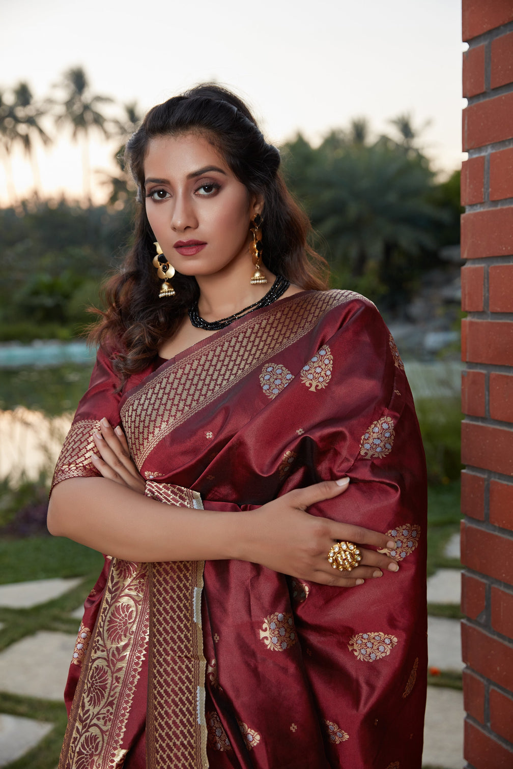 Wine Weaving Banarasi Silk Festival Wear Saree