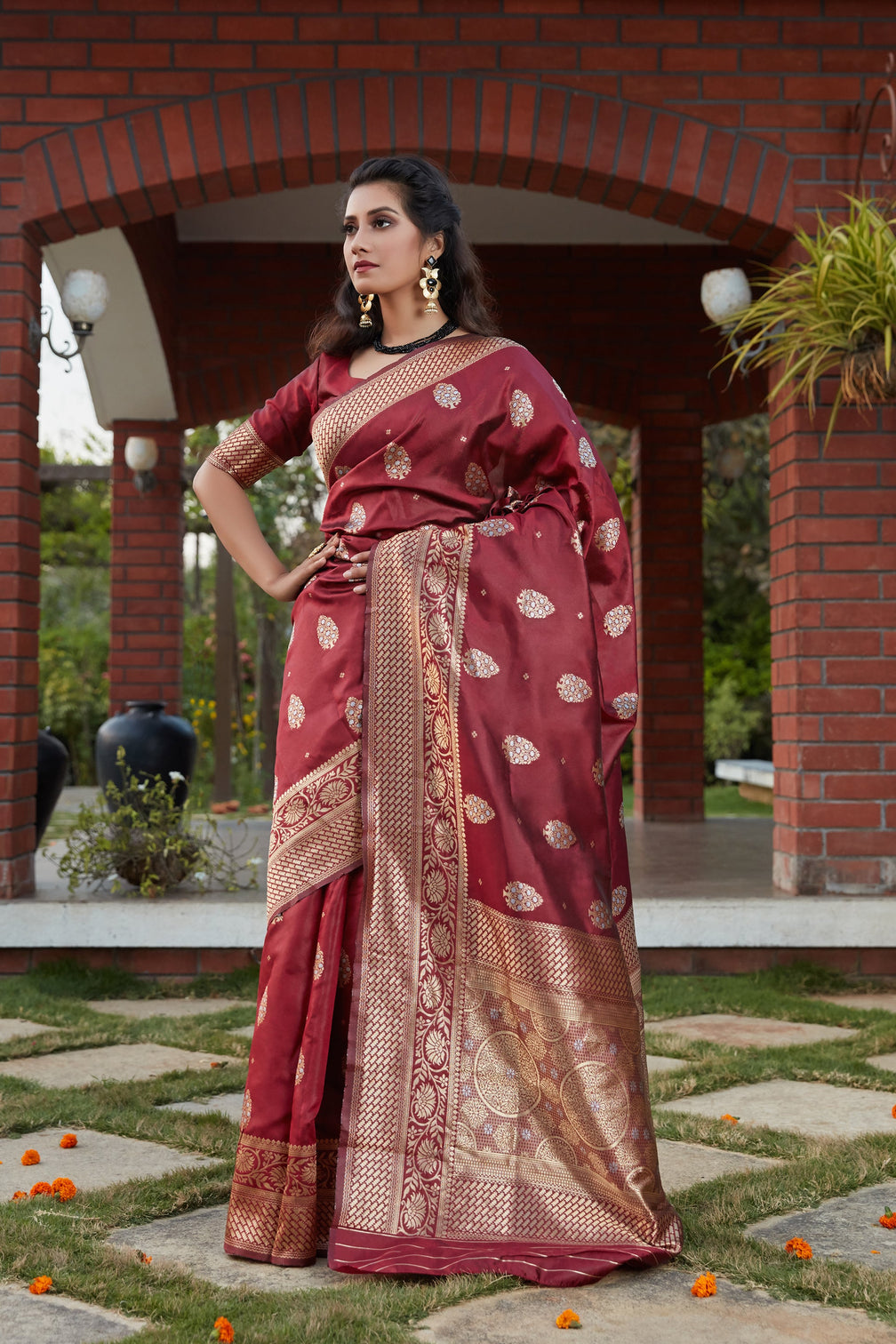 Wine Weaving Banarasi Silk Festival Wear Saree