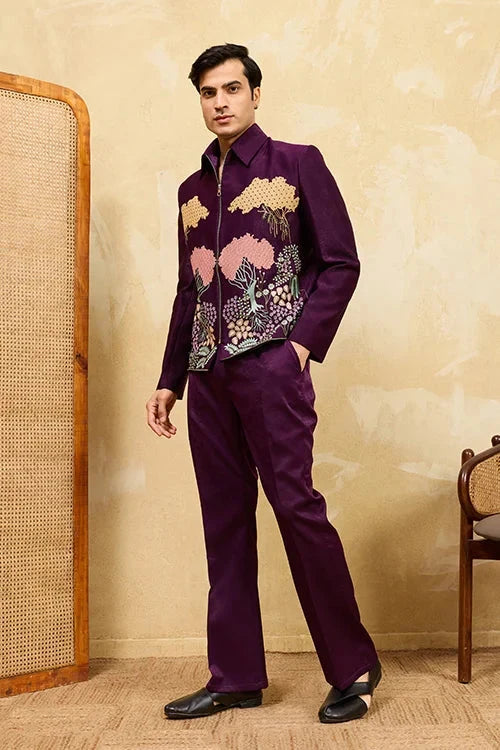 Wine Embroidery Bomber Jacket with Matching Pants for Mens Wear