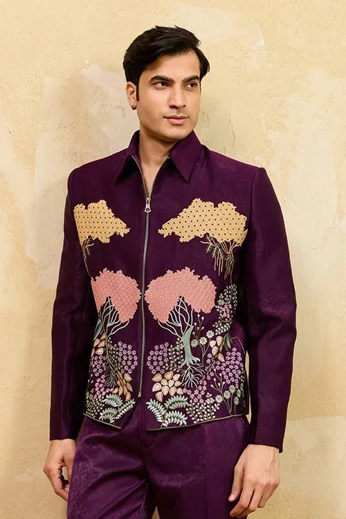 Wine Embroidery Bomber Jacket with Matching Pants for Mens Wear