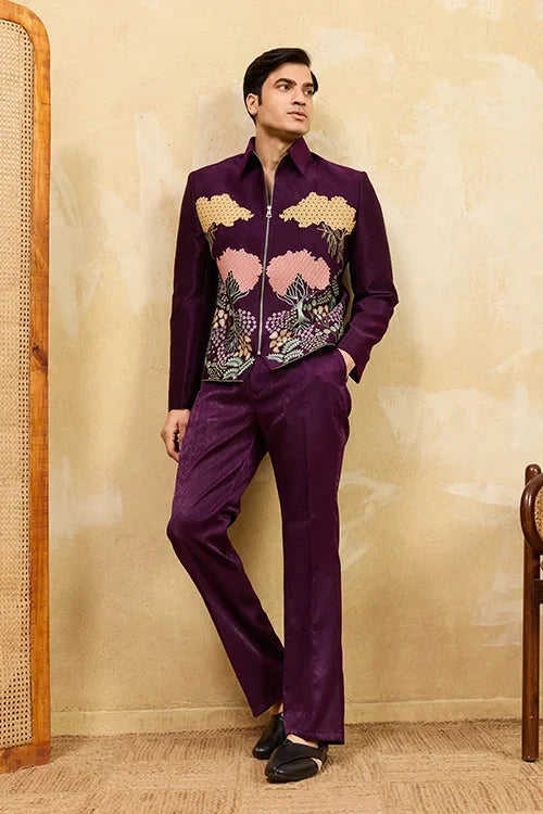 Wine Embroidery Bomber Jacket with Matching Pants for Mens Wear