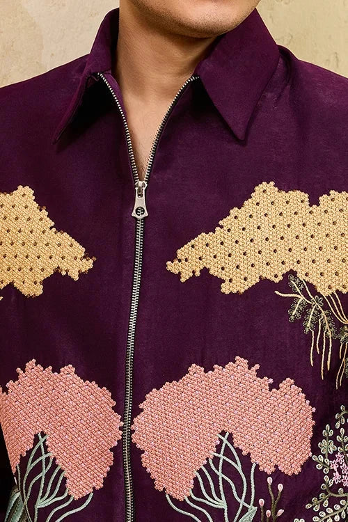 Wine Embroidery Bomber Jacket with Matching Pants for Mens Wear