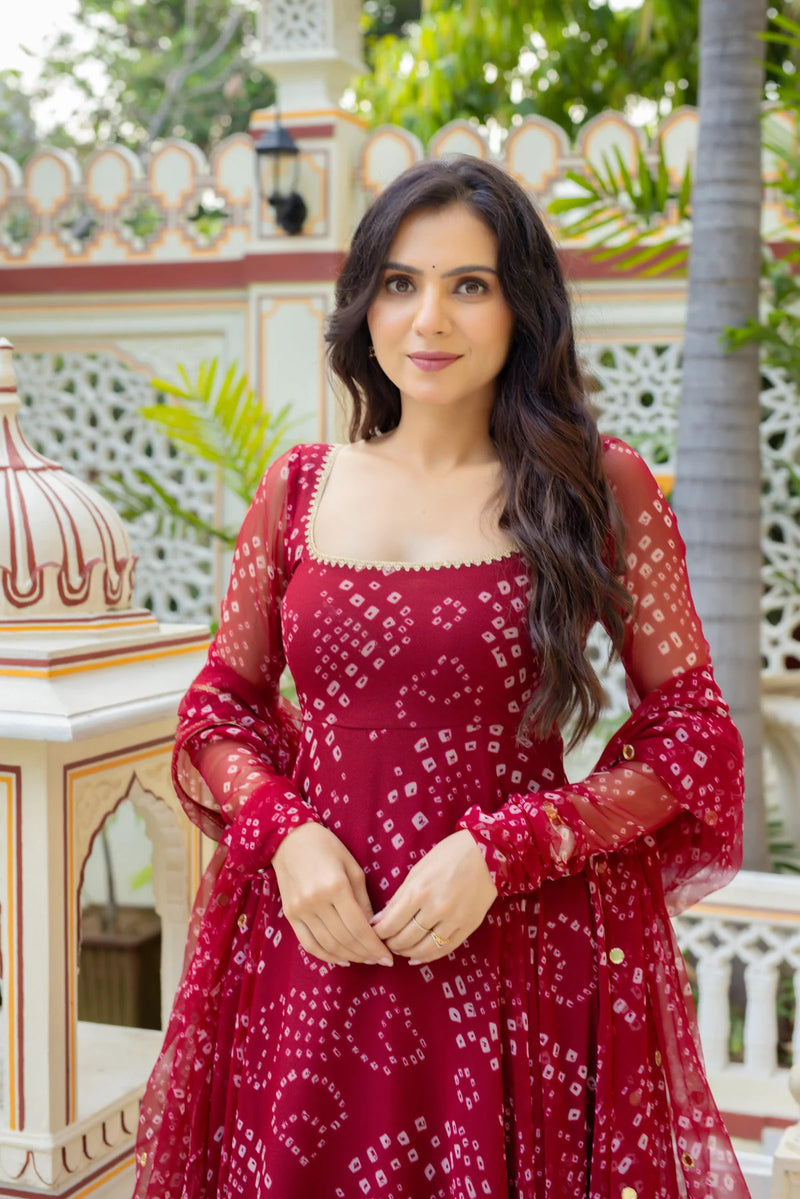 Women s red georgette 3 piece kurta set with lace work dupatta