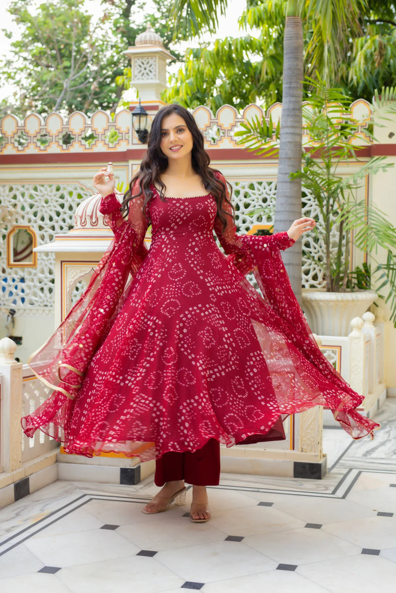 Women s red georgette 3 piece kurta set with lace work dupatta
