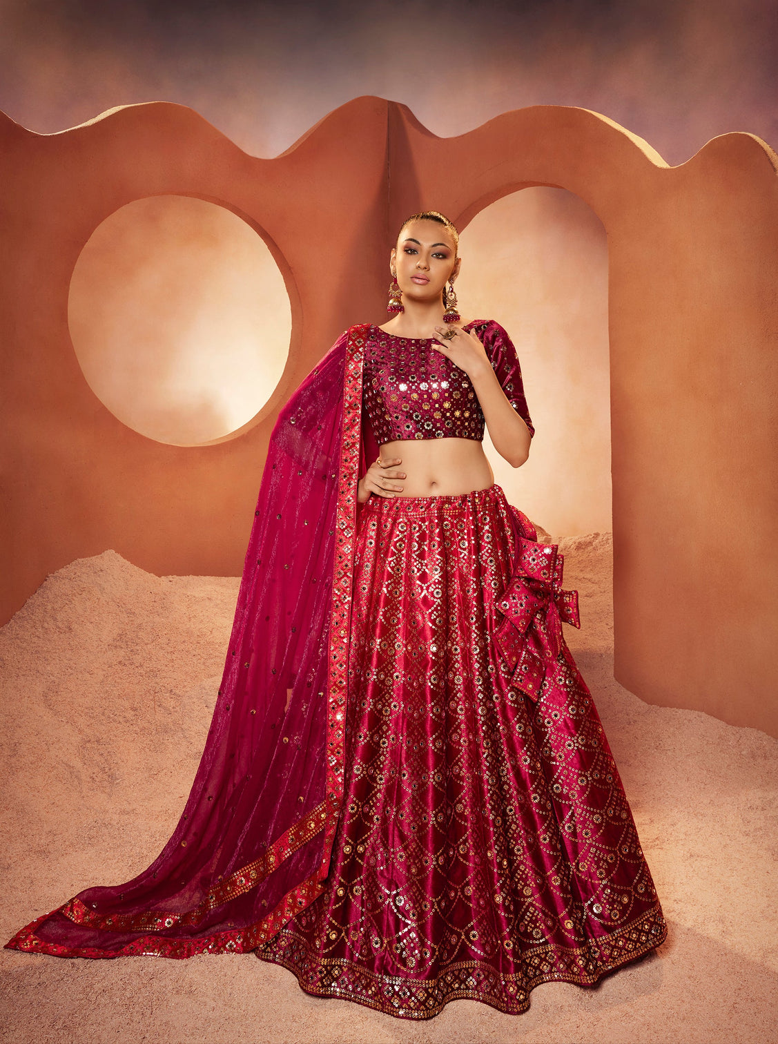 Wonderful Magenta Color Mirror & Sequence Work Velvet Lehenga Choli