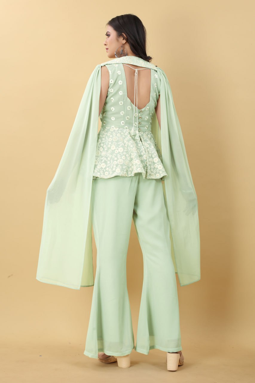 Wonderful Pista Color Thread Sequence Work Palazzo Suit