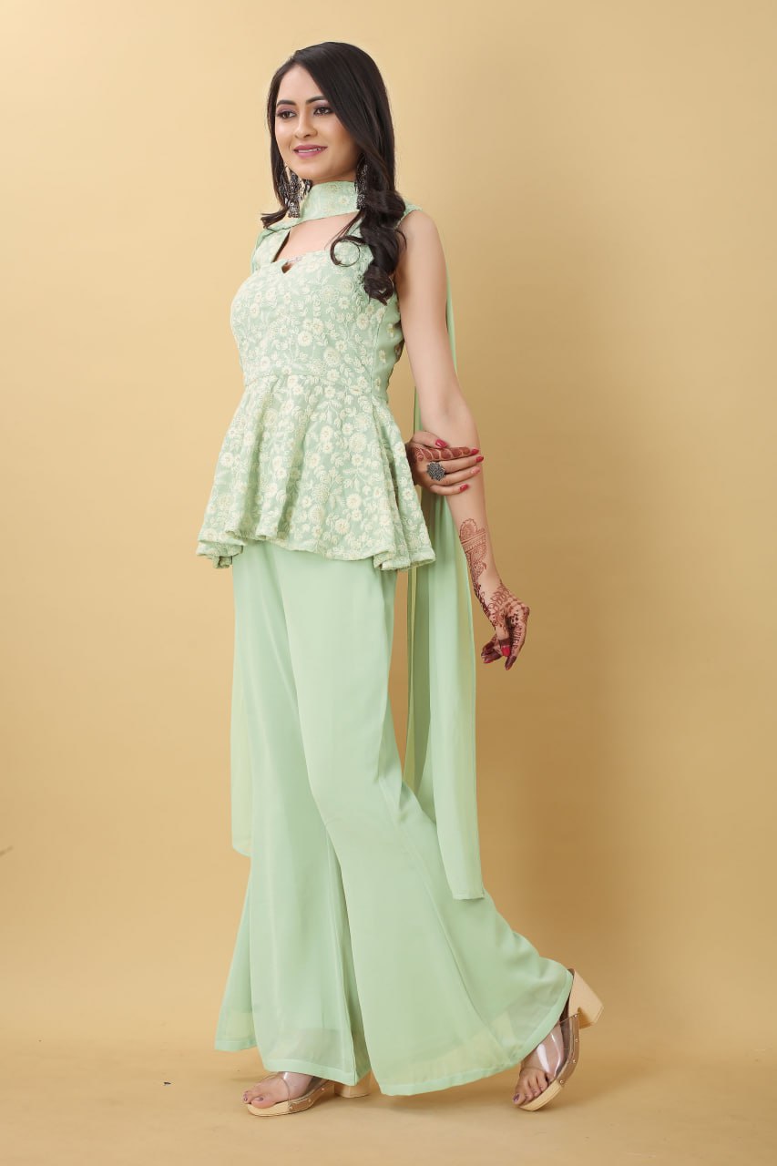 Wonderful Pista Color Thread Sequence Work Palazzo Suit