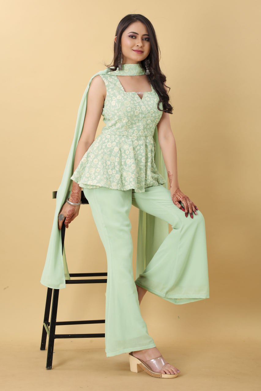 Wonderful Pista Color Thread Sequence Work Palazzo Suit