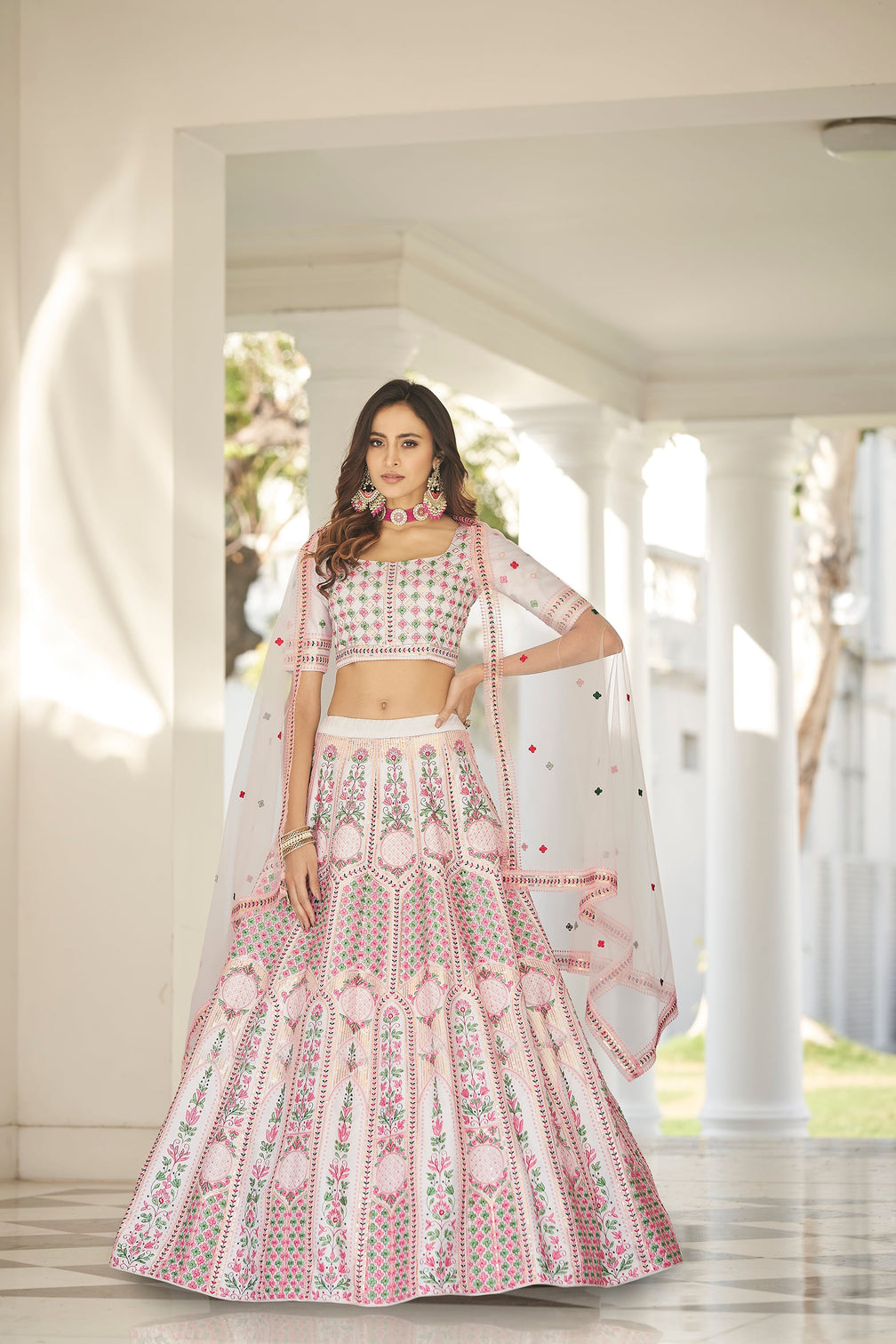 Wonderful White Thread Embroidered Silk Party Wear Lehenga Choli