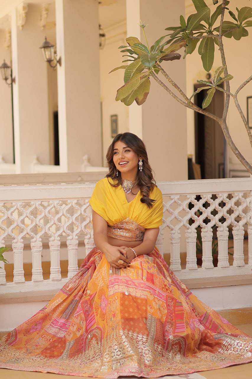 Russian Silk Yellow Lehenga Choli Set: Foil Print, Can-Can Flair