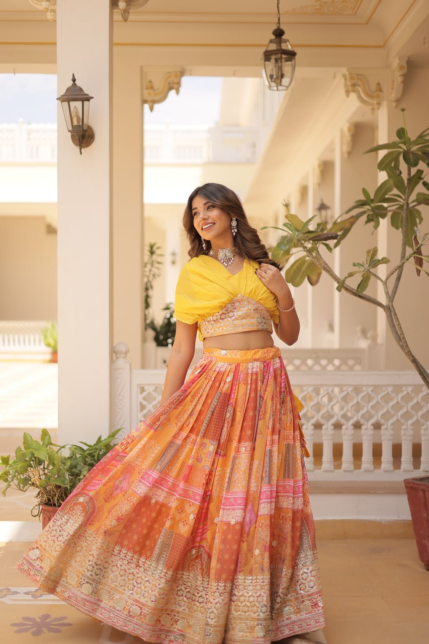 Russian Silk Yellow Lehenga Choli Set: Foil Print, Can-Can Flair