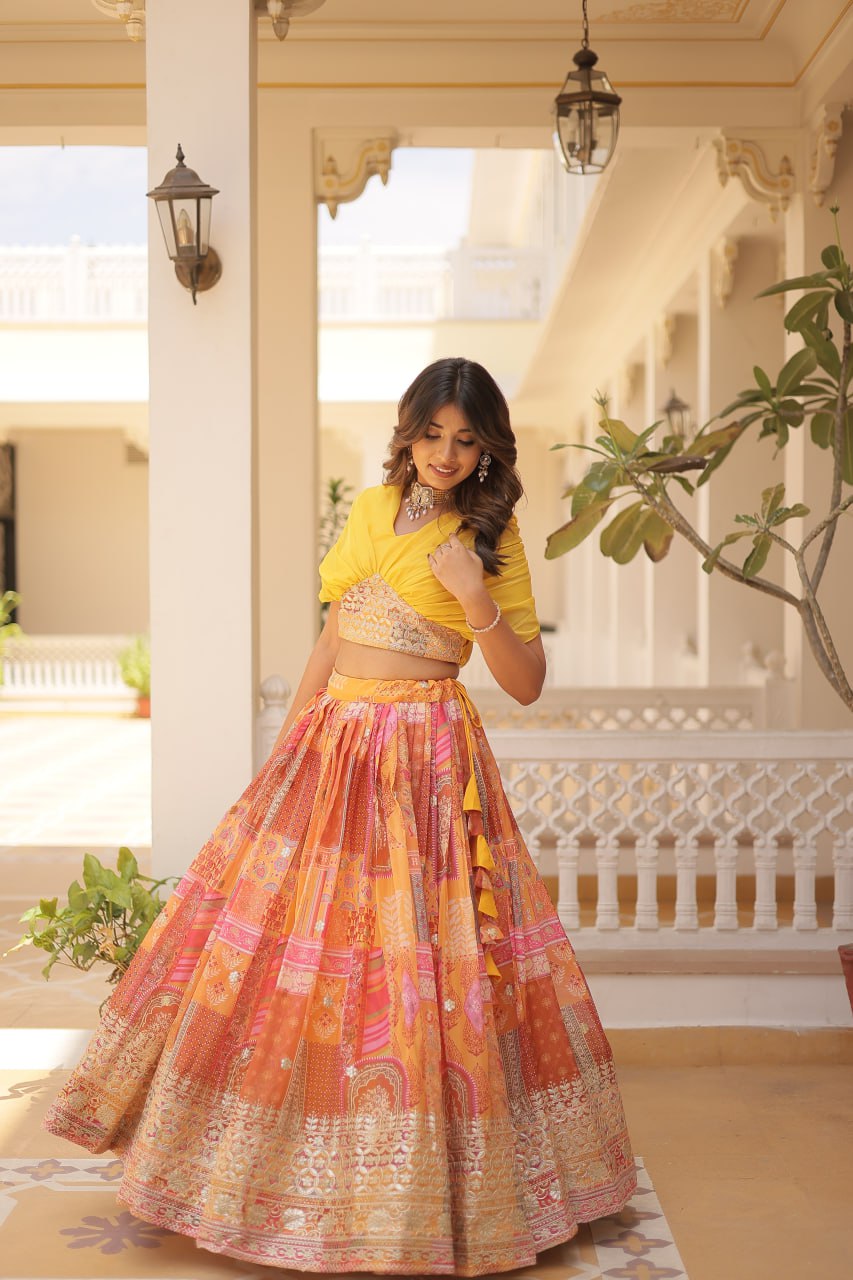 Russian Silk Yellow Lehenga Choli Set: Foil Print, Can-Can Flair