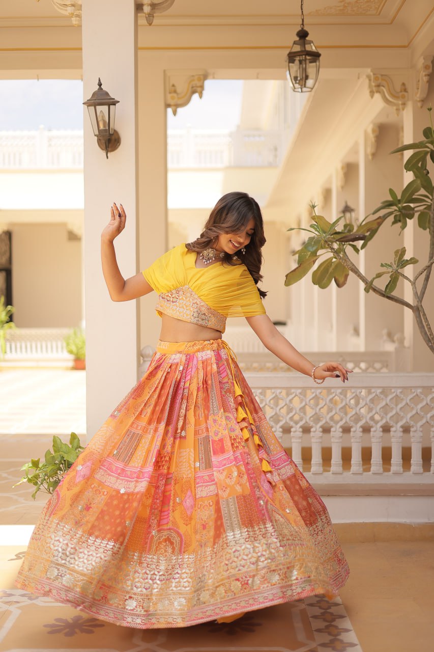 Russian Silk Yellow Lehenga Choli Set: Foil Print, Can-Can Flair