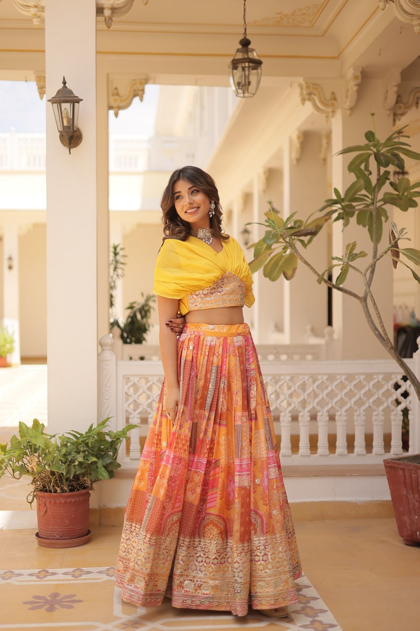 Russian Silk Yellow Lehenga Choli Set: Foil Print, Can-Can Flair