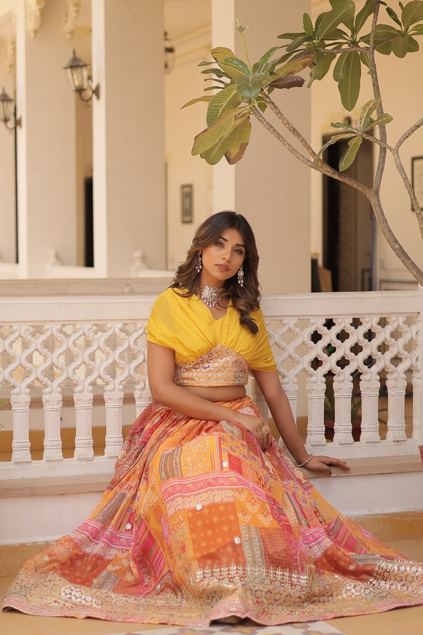 Russian Silk Yellow Lehenga Choli Set: Foil Print, Can-Can Flair