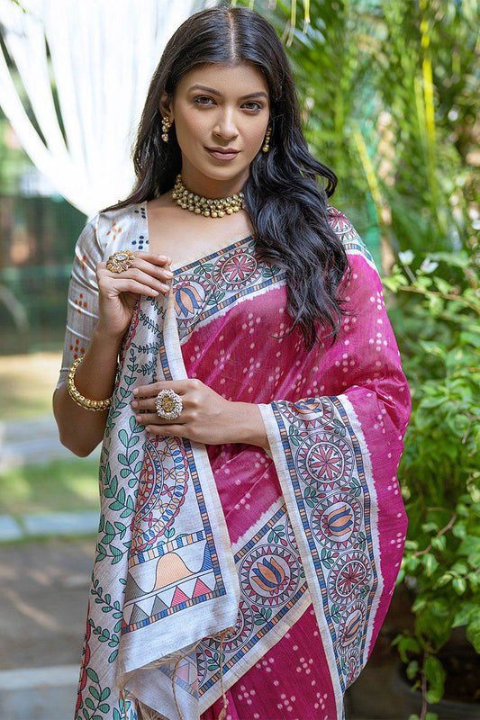 Pink Tussar Silk Blend Saree With Blouse Piece Pink