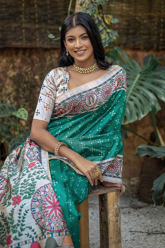 Teal Tussar Silk Blend Saree With Blouse Piece Teal