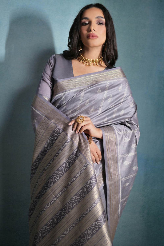 Grey Silk Blend Saree With Blouse Piece Grey