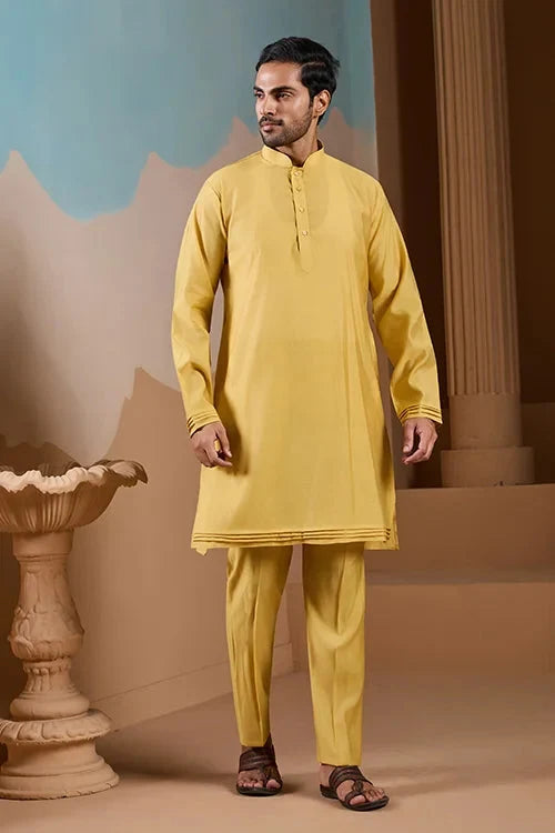 Haldi Ceremony Yellow Embroidered Koti Kurta Set for Mens