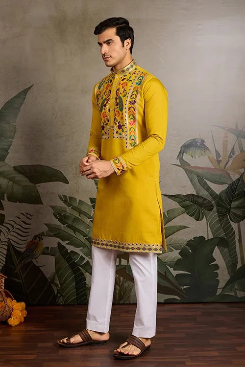 Haldi Special Yellow Embroidered Kurta for Men