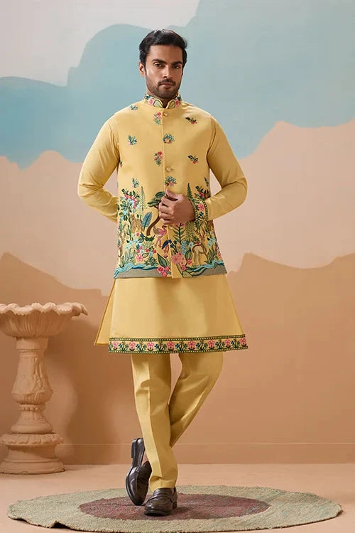 Haldi Special Yellow Classic Koti Kurta Set for Mens Wear