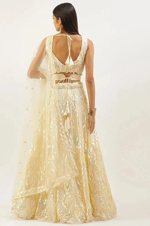 Yellow Soft Net Lehenga Choli with Thread Embroidery