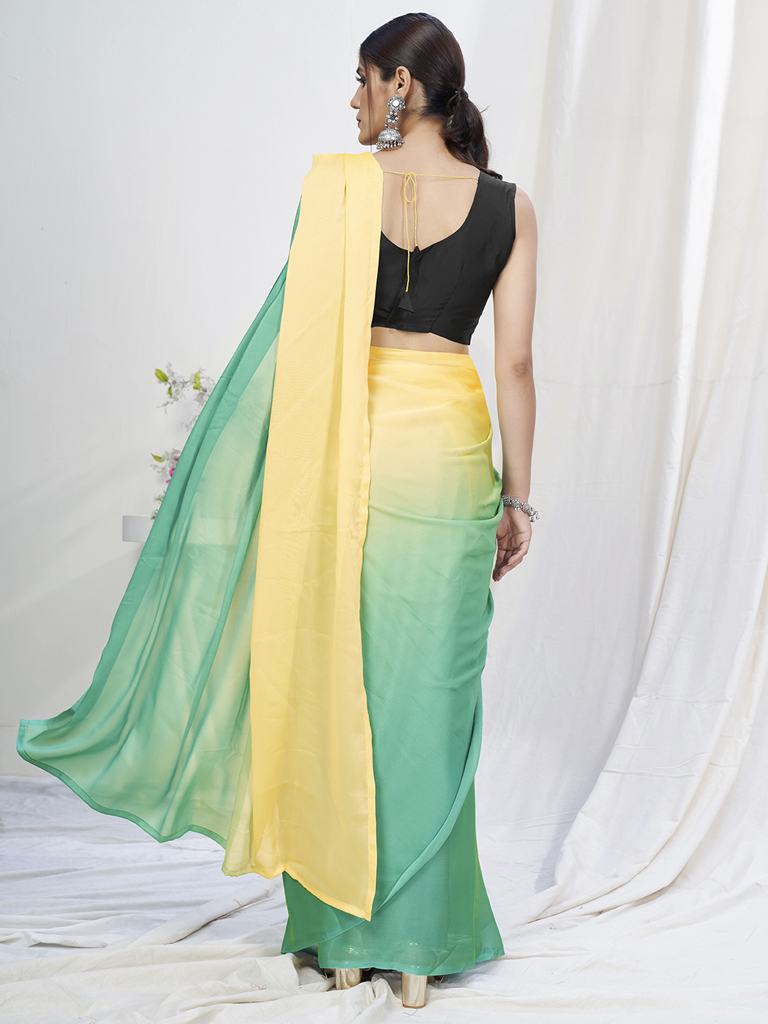 Yellow-Teal Ready to Wear One Minute Lycra Saree